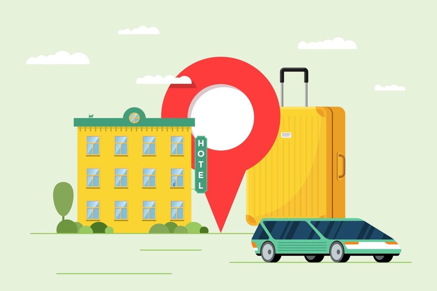 Hotel booking and car sharing service for vacation tourism concept. Travel apartment and transport reservation. Motel building with baggage suitcase and location pin vector illustration