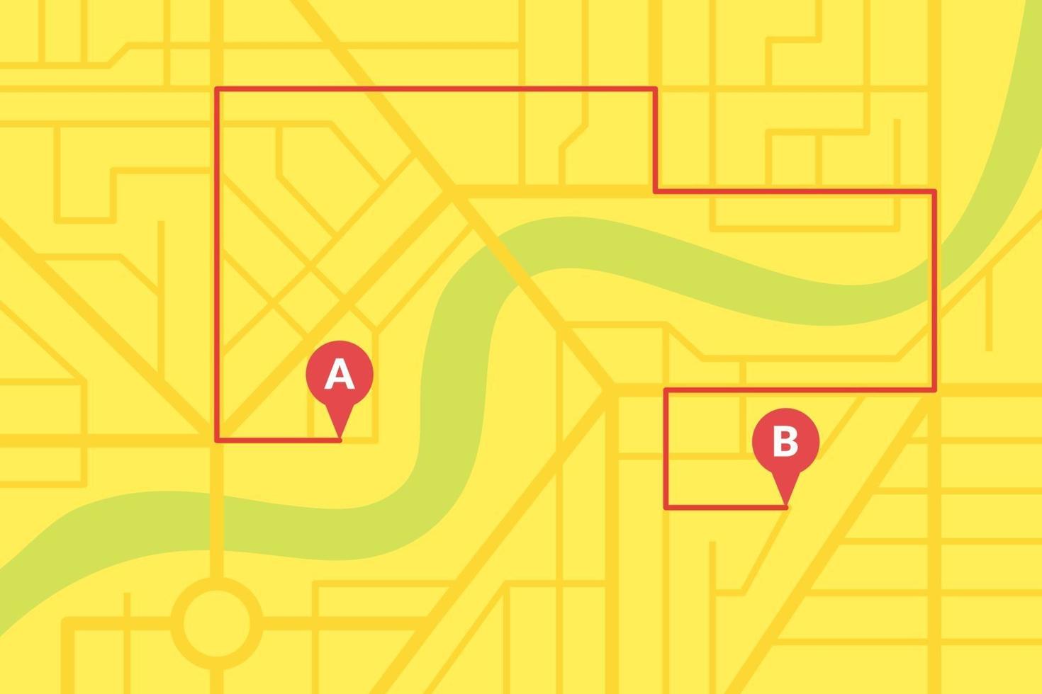 Plano de mapa de calles de la ciudad con pines gps y rutas de navegación desde marcadores de puntos a a b. esquema de ilustración de eps de color amarillo vectorial vector