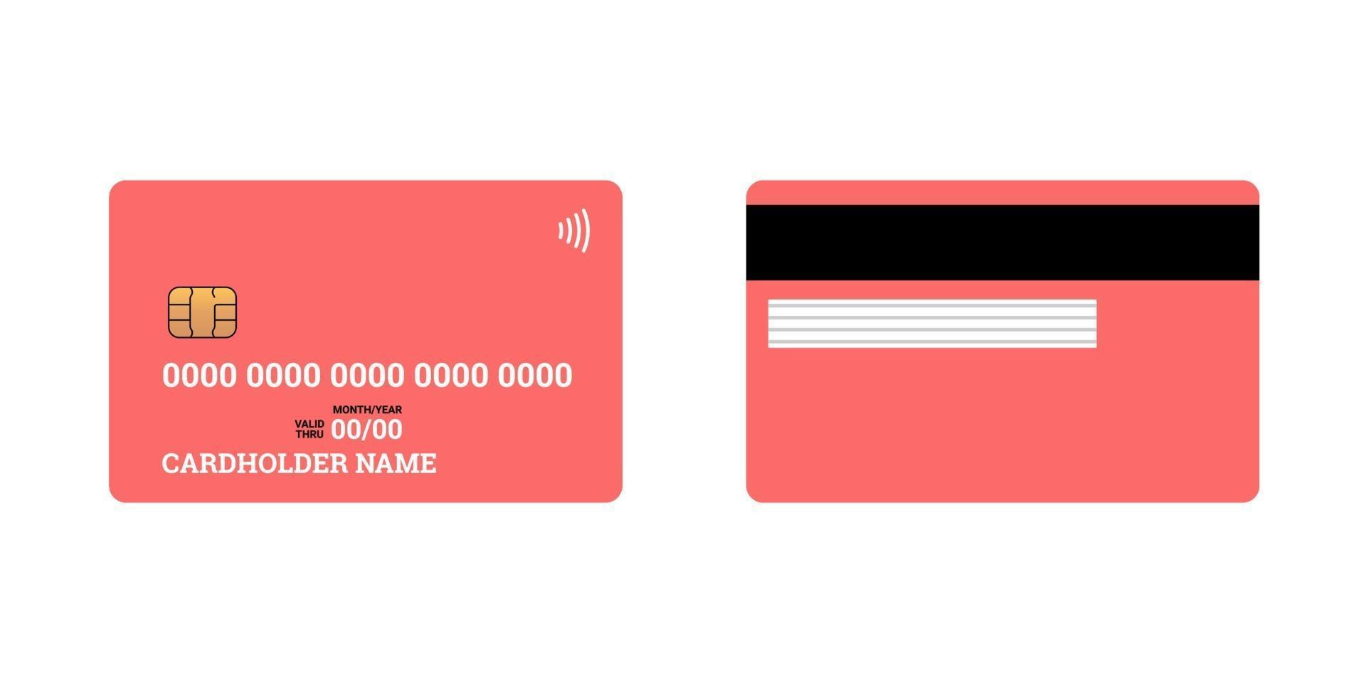 Bank plastic credit or debit contactless smart charge card front and back sides with EMV chip and magnetic stripe. Blank design template mockup. Vector isolated red illustration