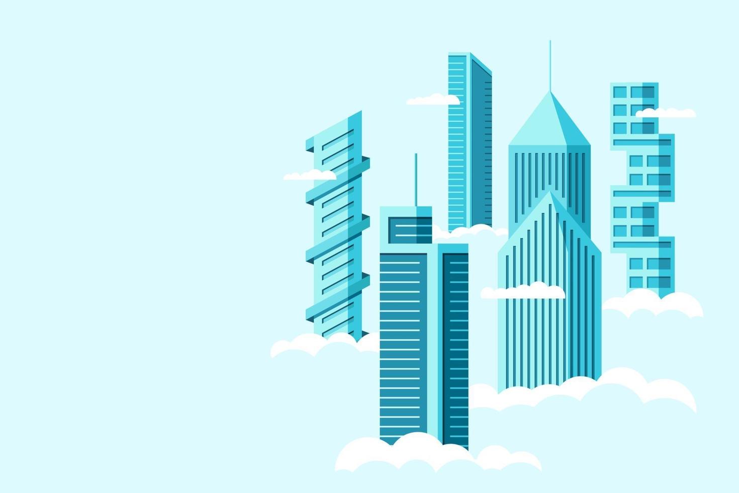 Detailed future city with different architecture high buildings skyscrapers apartments above clouds. Futuristic graphic cityscape town. Vector real estate construction over sky illustration