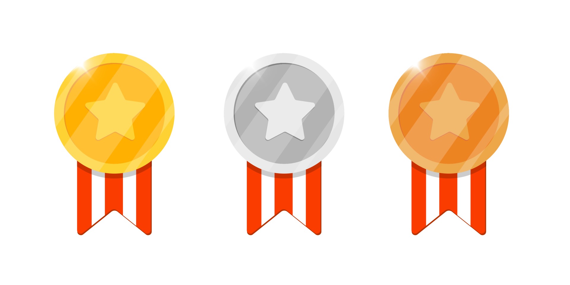 Gold silver bronze medal reward set with star and striped ribbon for video game or apps animation. First second third place bonus achievement award. Winner trophy isolated flat vector illustration 2169735 Vector Gold silver bronze medal reward set with star and striped ribbon for video game or apps animation. First second third place bonus achievement award. Winner trophy isolated flat vector illustration 2169735 Vector