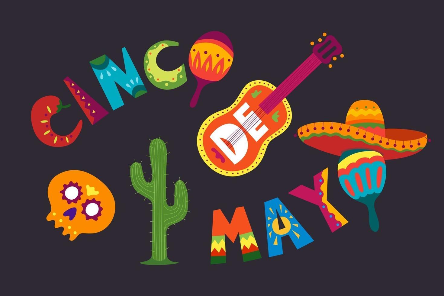 Cinco de Mayo celebration in Mexico. May 5, Latin America holiday. Colorful, detailed, lots of objects background. Vector template with traditional Mexican symbols skull, guitar, flowers, red pepper