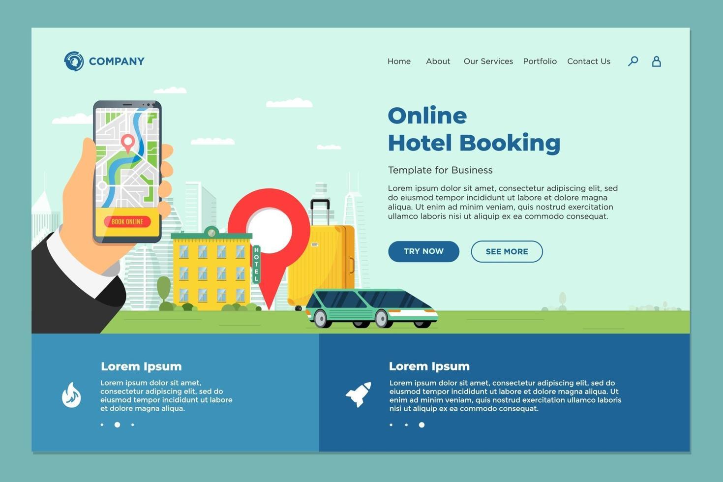 Hotel online booking service for vacation tourism landing page template. Travel apartment transport reservation web design. Motel suitcase and location pin and hand holding smartphone eps illustration vector