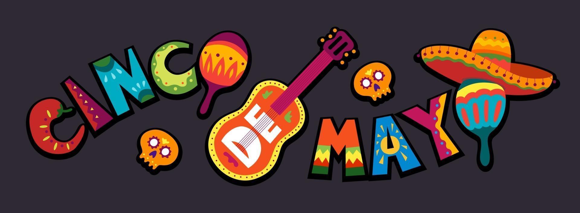 Cinco de Mayo celebration in Mexico. May 5, Latin America holiday. Colorful, detailed, lots of objects background. Vector template with traditional Mexican symbols skull, guitar, flowers, red pepper