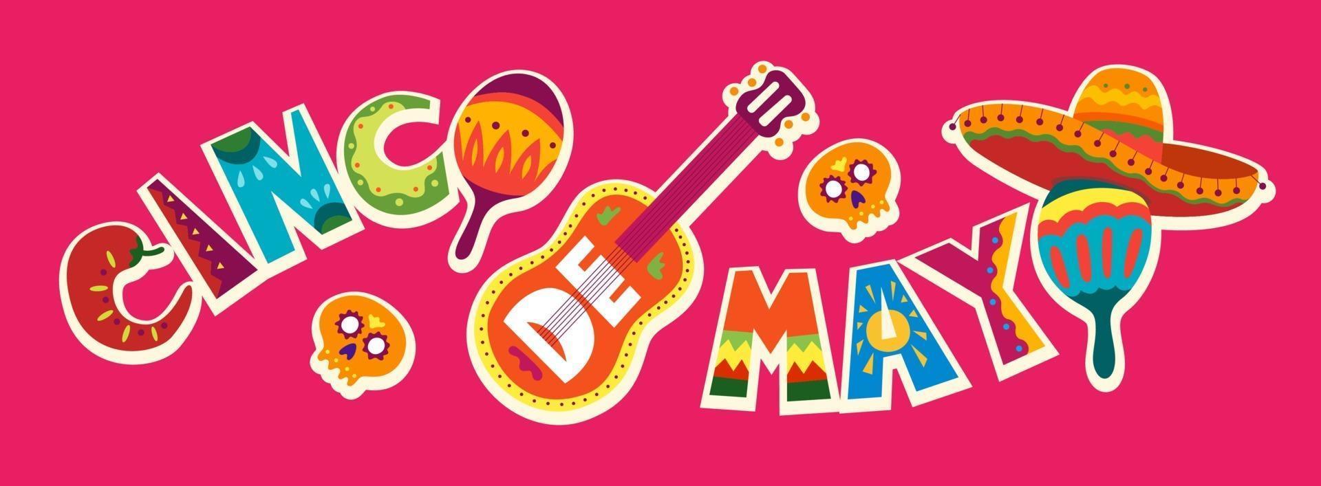 Cinco de Mayo celebration in Mexico. May 5, Latin America holiday. Colorful, detailed, lots of objects background. Vector template with traditional Mexican symbols skull, guitar, flowers, red pepper