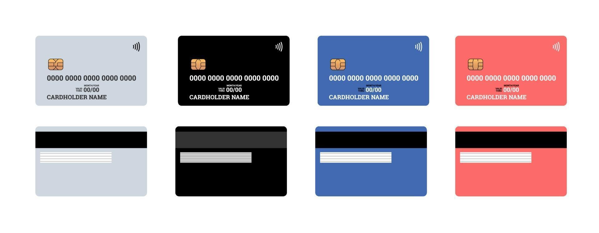 Bank plastic credit or debit contactless smart charge card front and back sides with EMV chip and magnetic stripe. Blank design template mockup. Vector isolated illustration set