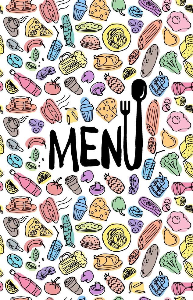 Cafe restaurant menu cover design template. Title page with hand drawn food doodle outline colored sketch pattern. Vector cooking illustration