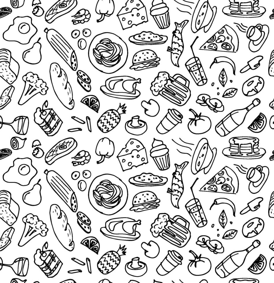 varios alimentos dibujados a mano cocina doodle contorno bosquejo de patrones sin fisuras sobre fondo blanco. ilustración de cocina de vector para restaurante o cafetería