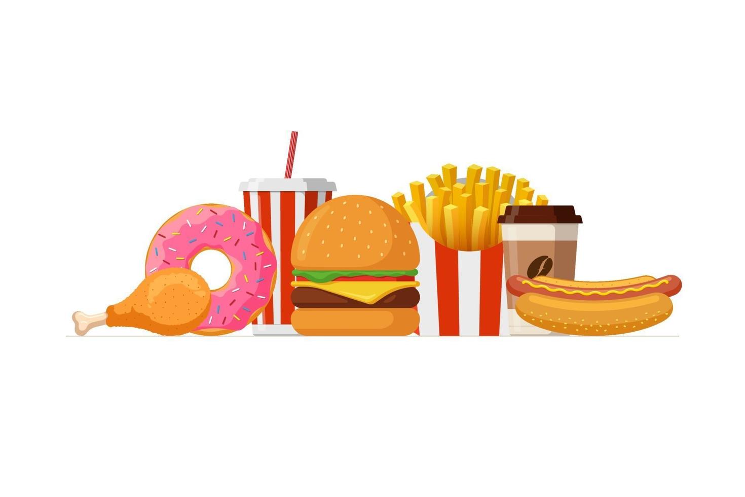 Fast food lunch meal set. Classic cheese burger, french fries pack, fried crispy chicken leg, glazed donut, soft drink, coffee cup and hot dog. Flat eps vector illustration