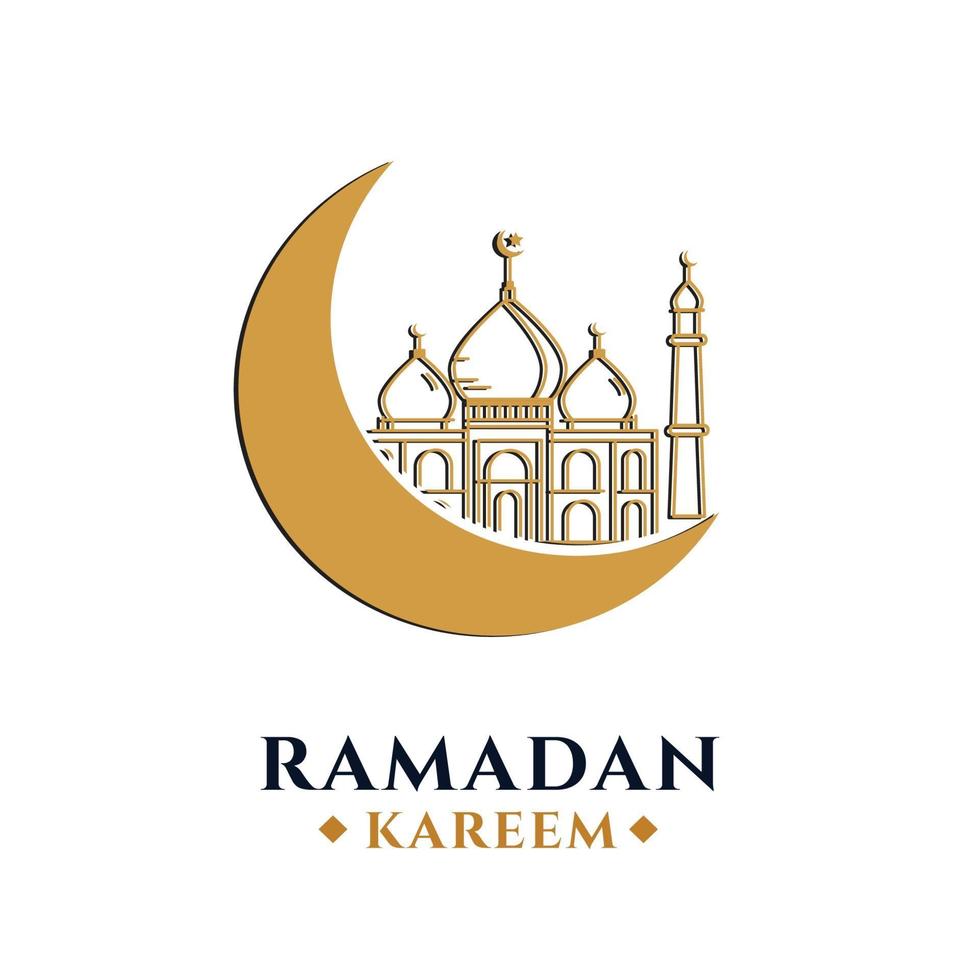 Ramadan Kareem greeting on blurred background Vector Illustration islamic design crescent moon and mosque dome silhouette with arabic pattern and calligraphy