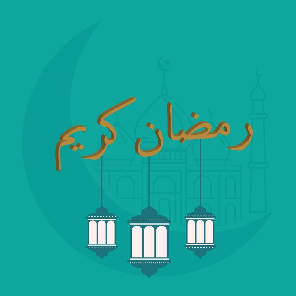 Ramadan Kareem greeting on blurred background Vector Illustration islamic design crescent moon and mosque dome silhouette with arabic pattern and calligraphy