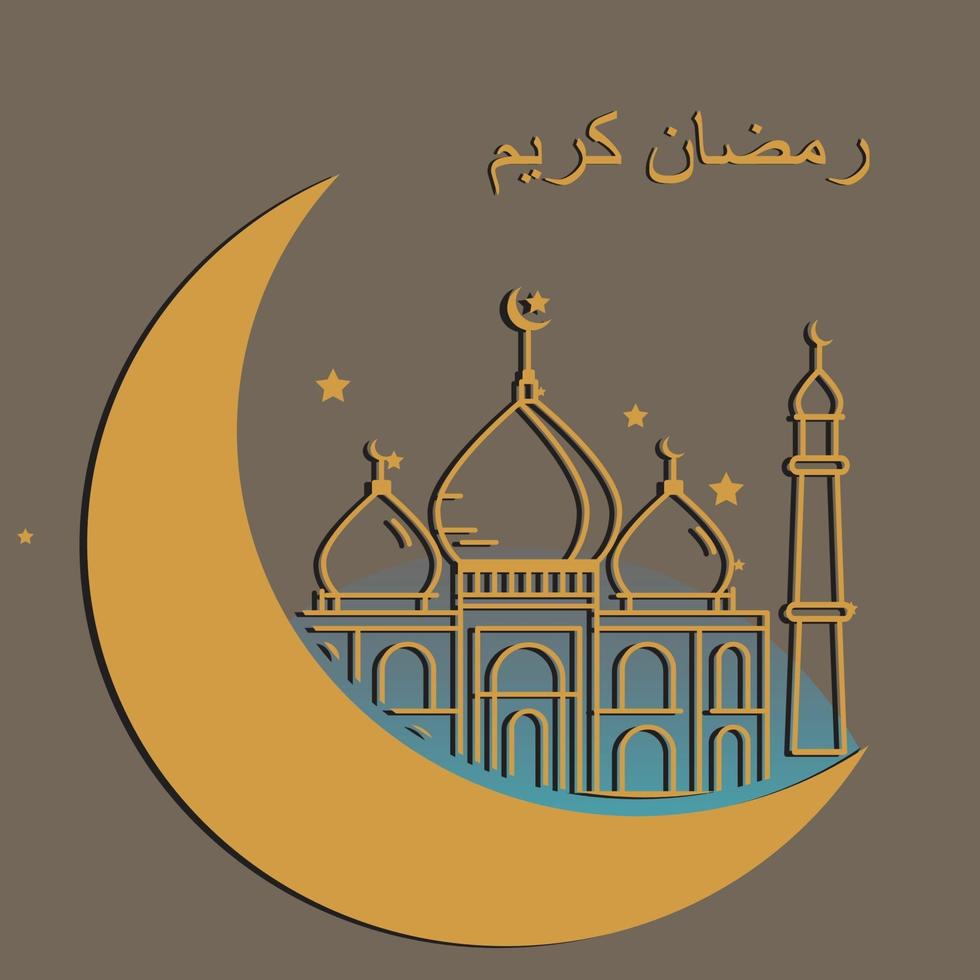 Ramadan Kareem greeting on blurred background Vector Illustration islamic design crescent moon and mosque dome silhouette with arabic pattern and calligraphy