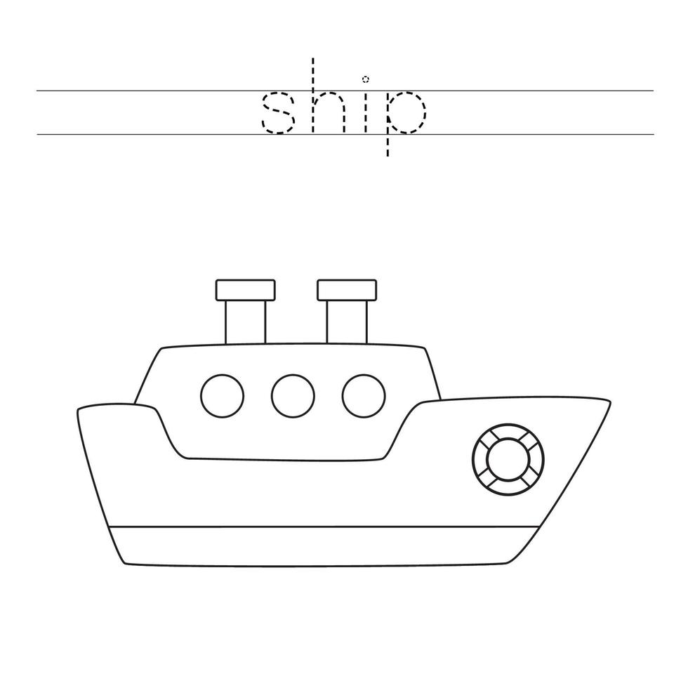 Tracing letters with sea ship. Writing practice. vector