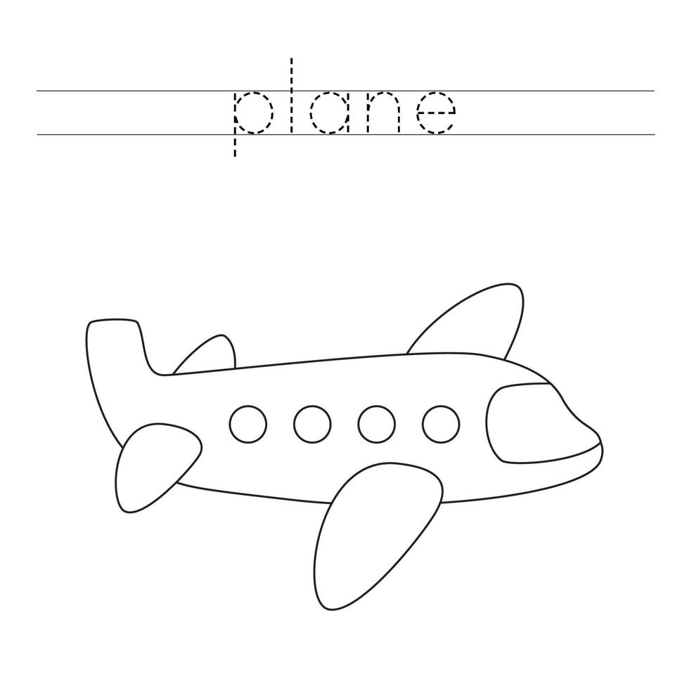 Tracing letters with cartoon plane. Writing practice. vector