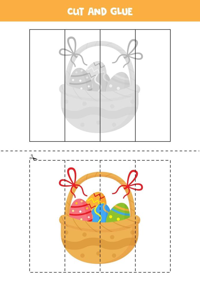 juego de cortar y pegar para niños. canasta de pascua llena de huevos. vector