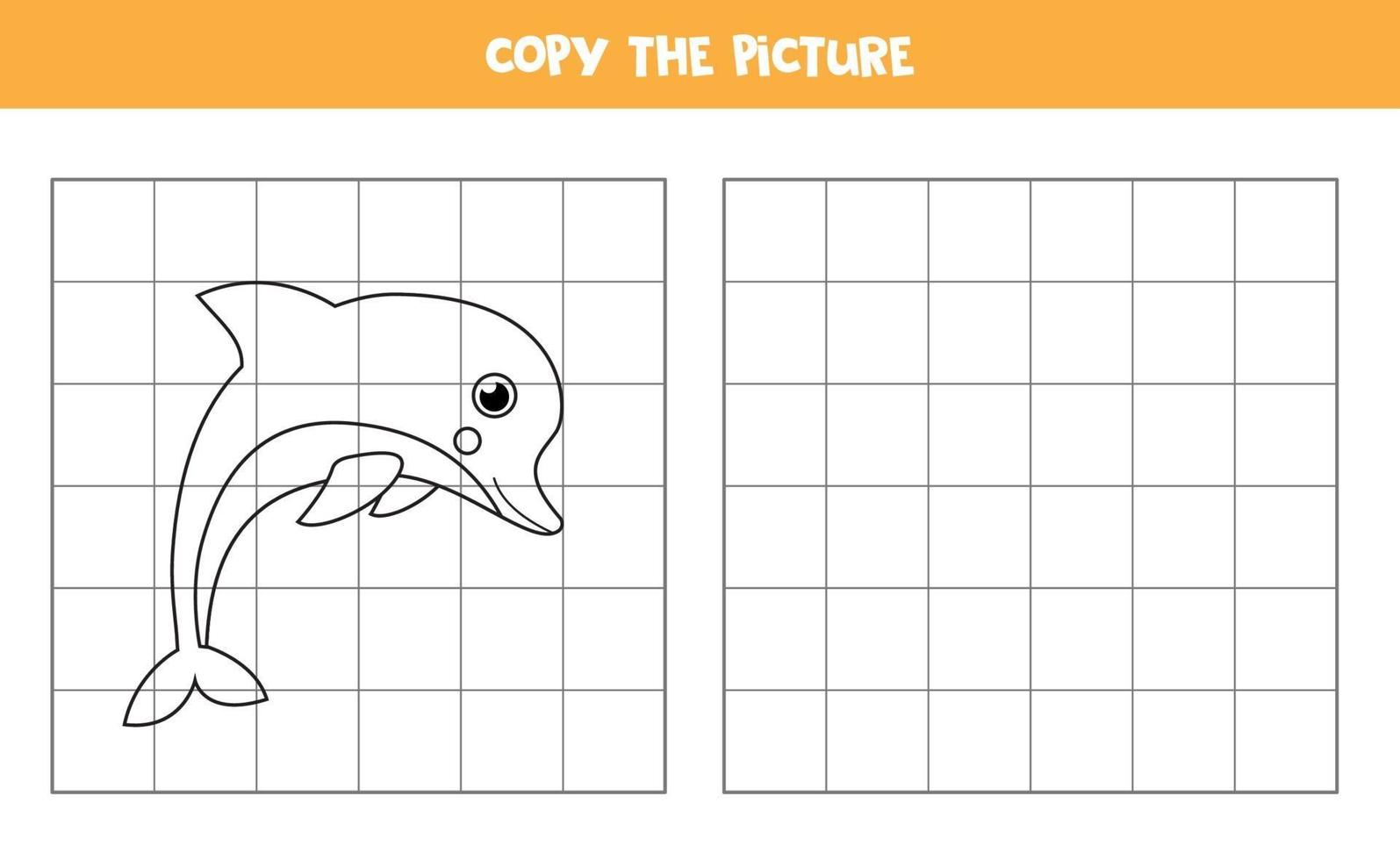 Copie la imagen del lindo delfín kawaii. juego educativo para niños. práctica de escritura a mano. vector