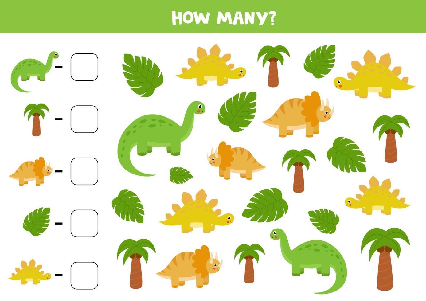 Count all dinosaurs and write the right answer into box. Math game for kids. vector