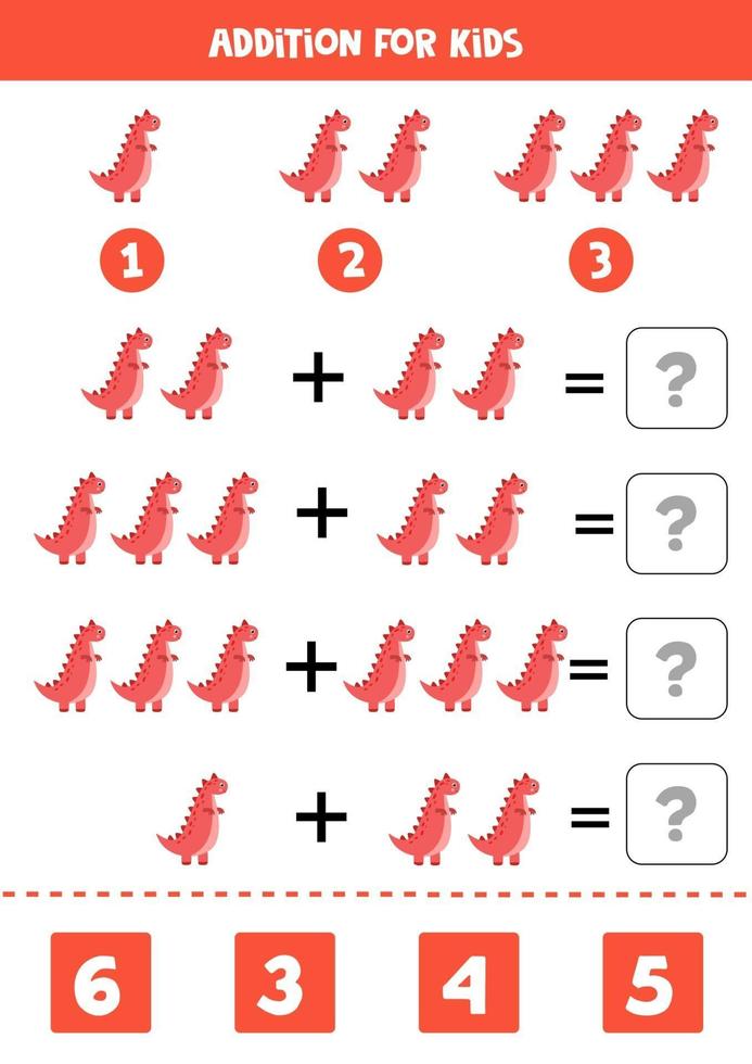 Addition worksheet with red tyrannosaur. Math game. vector