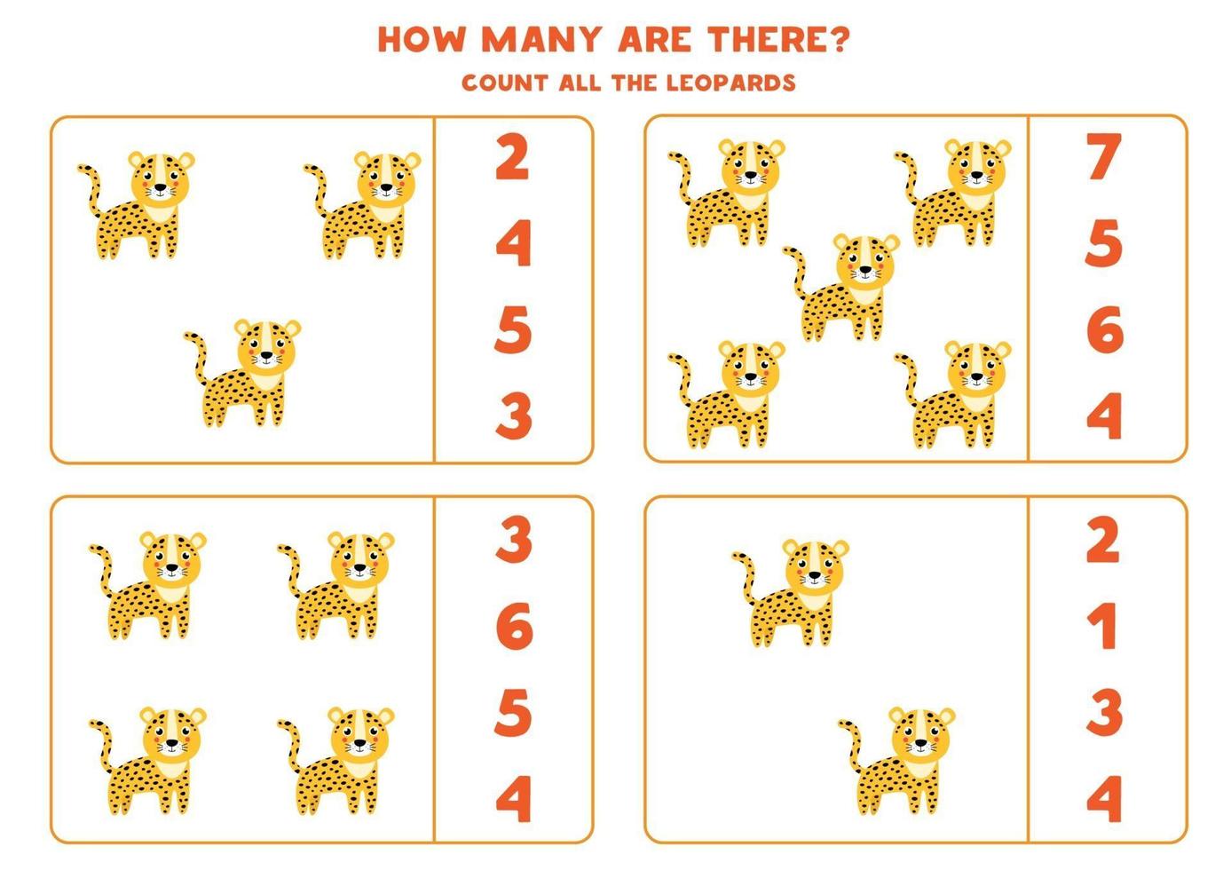 contando el juego de matemáticas con lindos leopardos de dibujos animados. vector