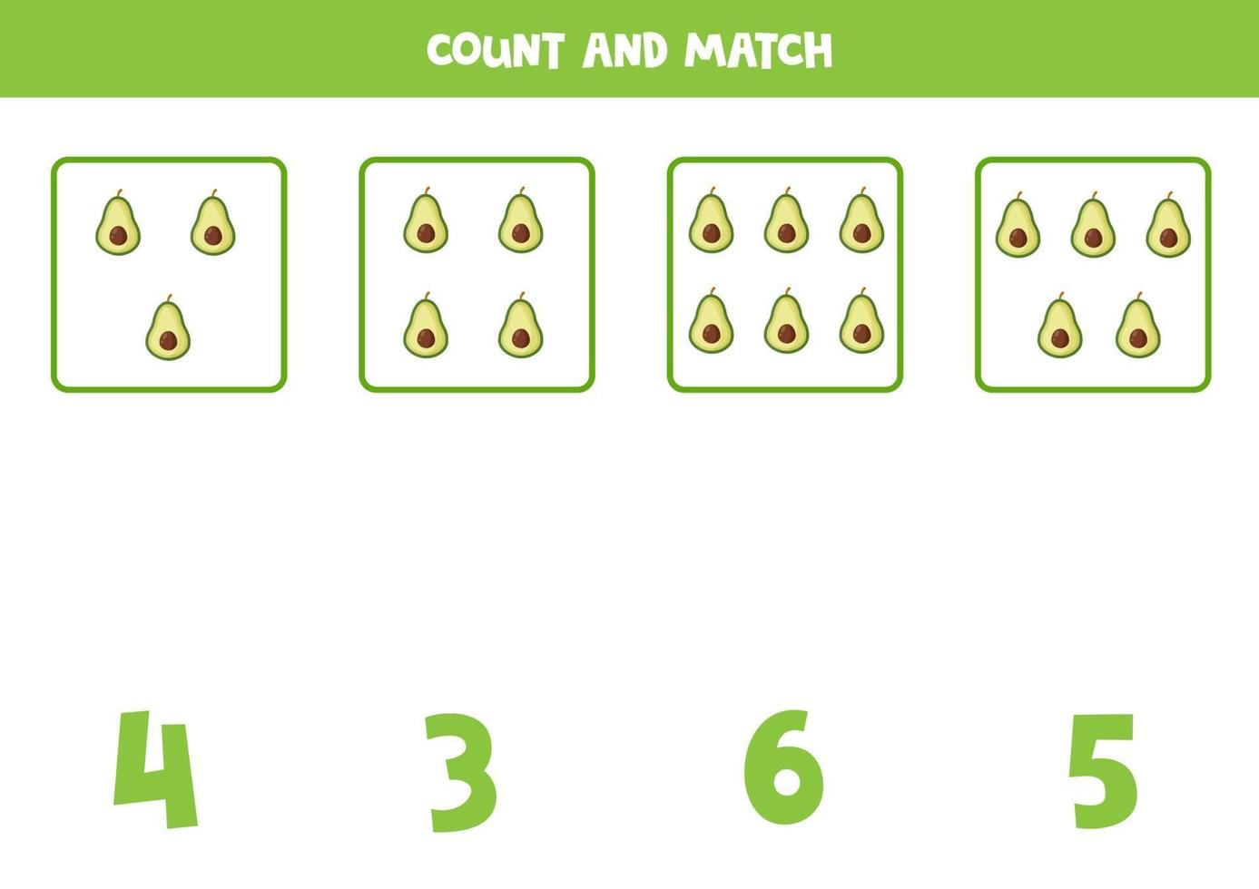 juego de contar para niños. juego de matemáticas con aguacates de dibujos animados. vector