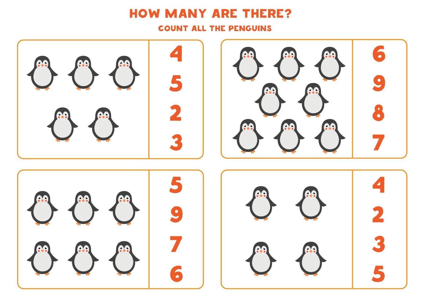 contando juego de matemáticas con pingüinos de dibujos animados lindo. vector