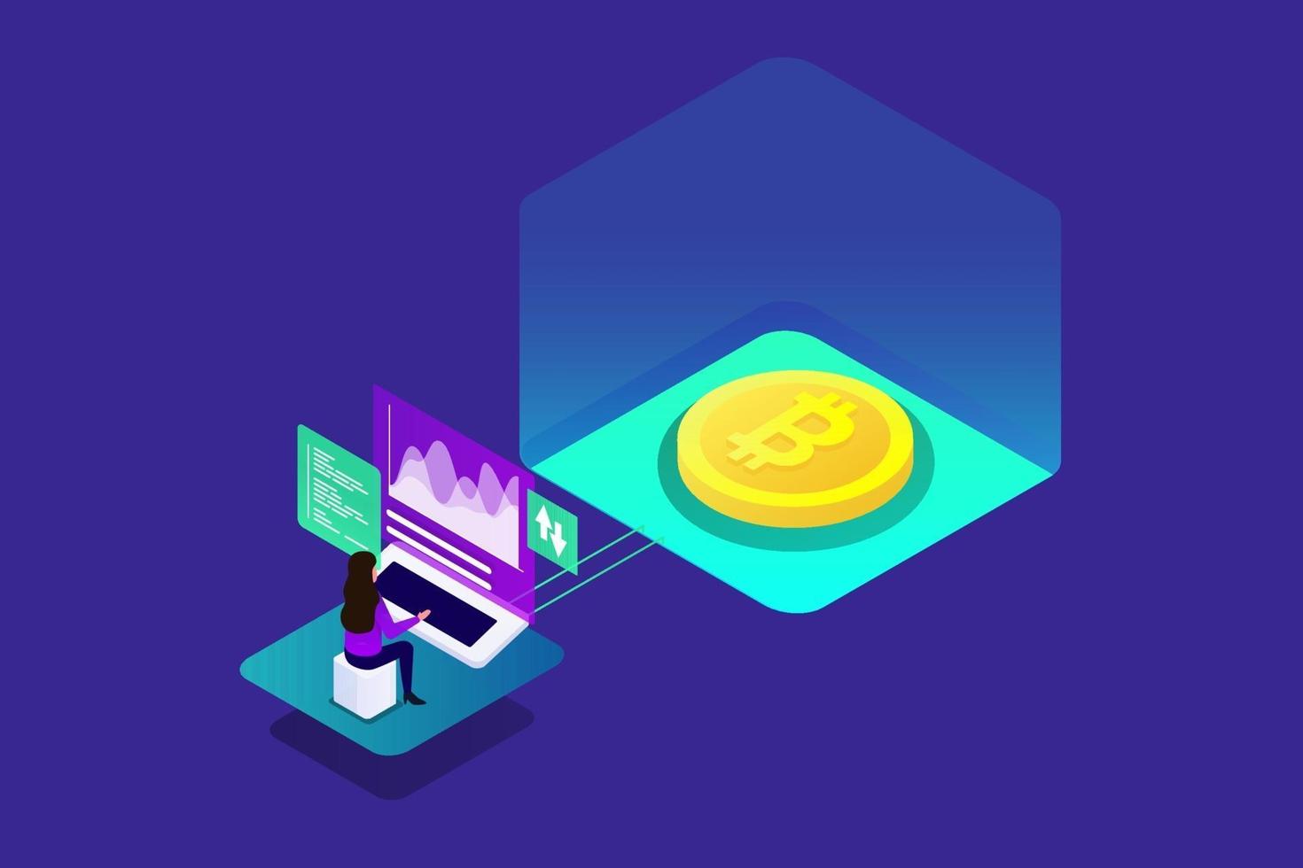 bitcoin isometric illustration with blue color vector