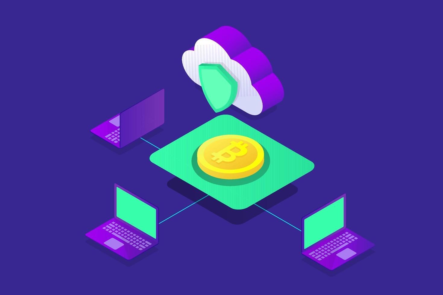 bitcoin isometric illustration with blue color vector