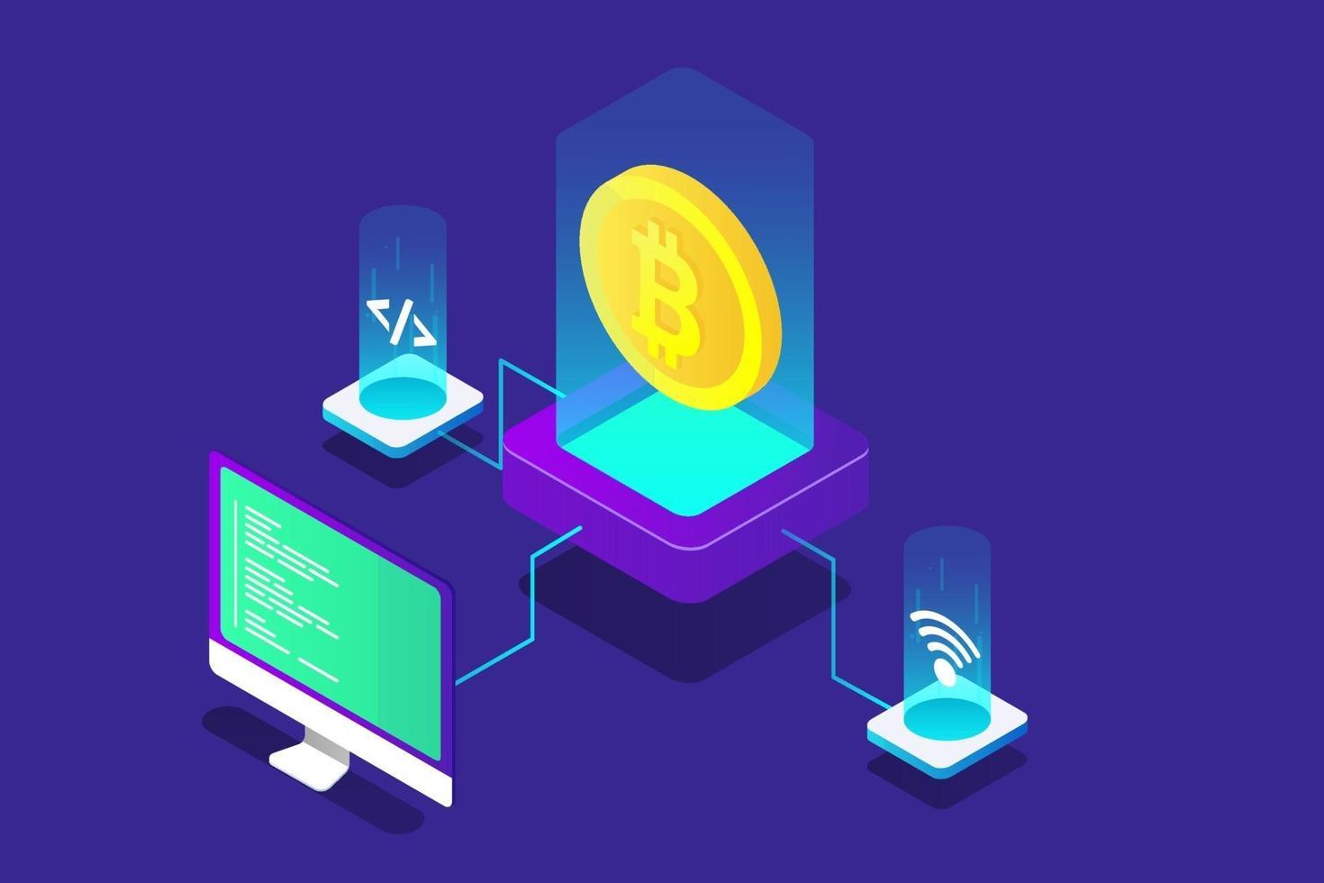 bitcoin isometric illustration with blue color vector