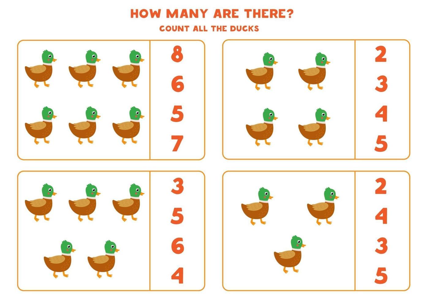 contando el juego de matemáticas con lindos patos de dibujos animados. vector