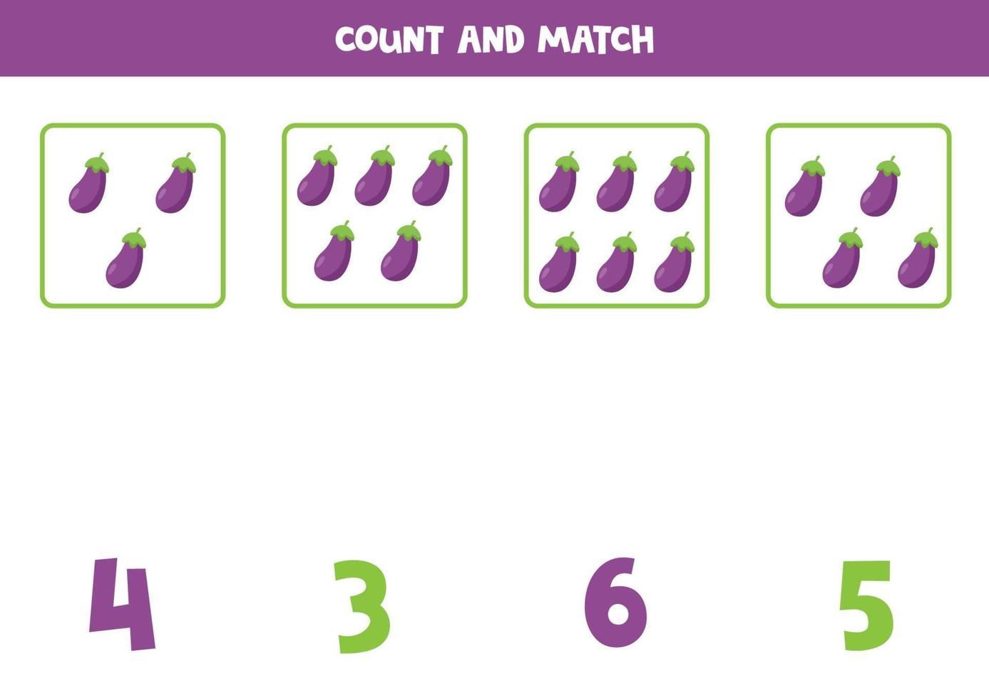 Counting math game with cute cartoon eggplants. vector