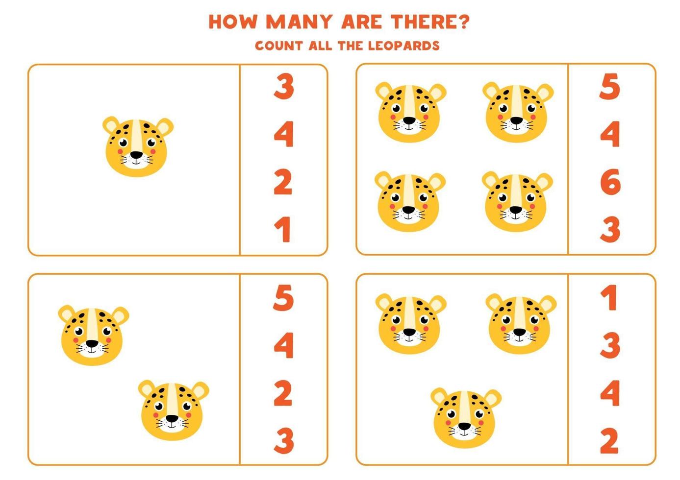 Counting game for kids. Math game with cartoon leopard faces. vector