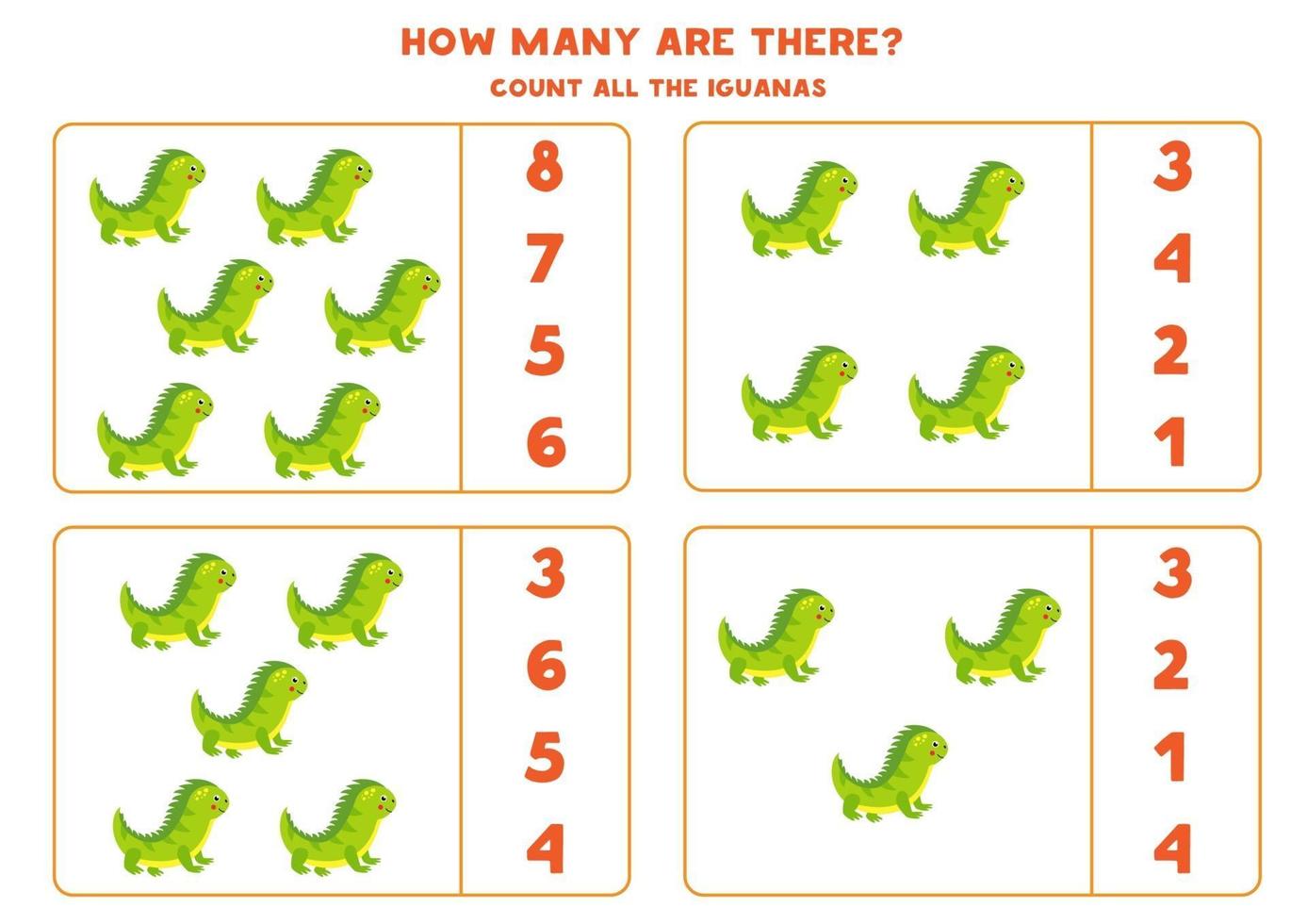 contando juego de matemáticas con iguanas de dibujos animados lindo. vector