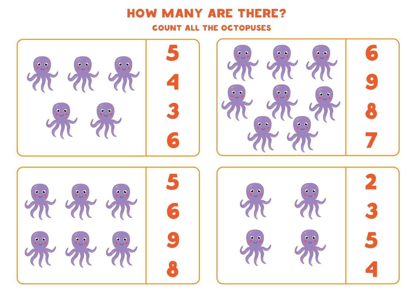 Counting math game with cute cartoon octopuses. vector