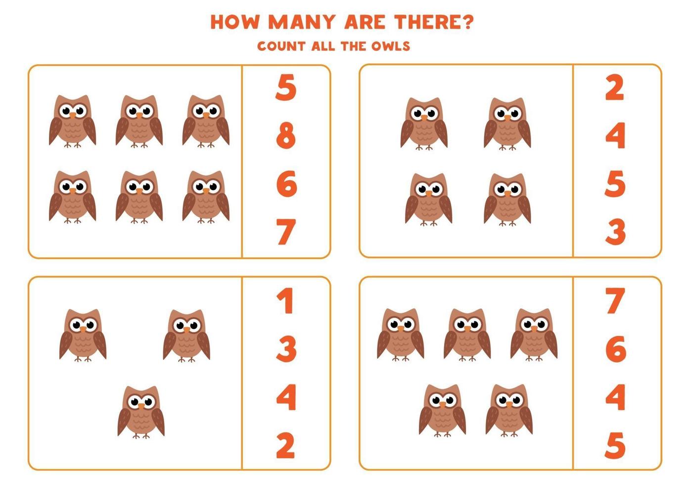 Counting math game with cute cartoon owls. vector