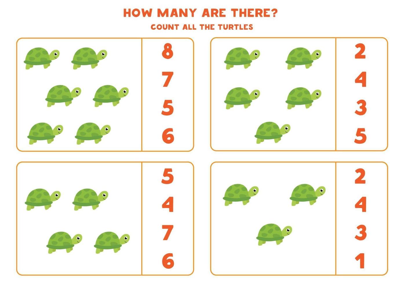 contando juego de matemáticas con tortugas de dibujos animados lindo. vector