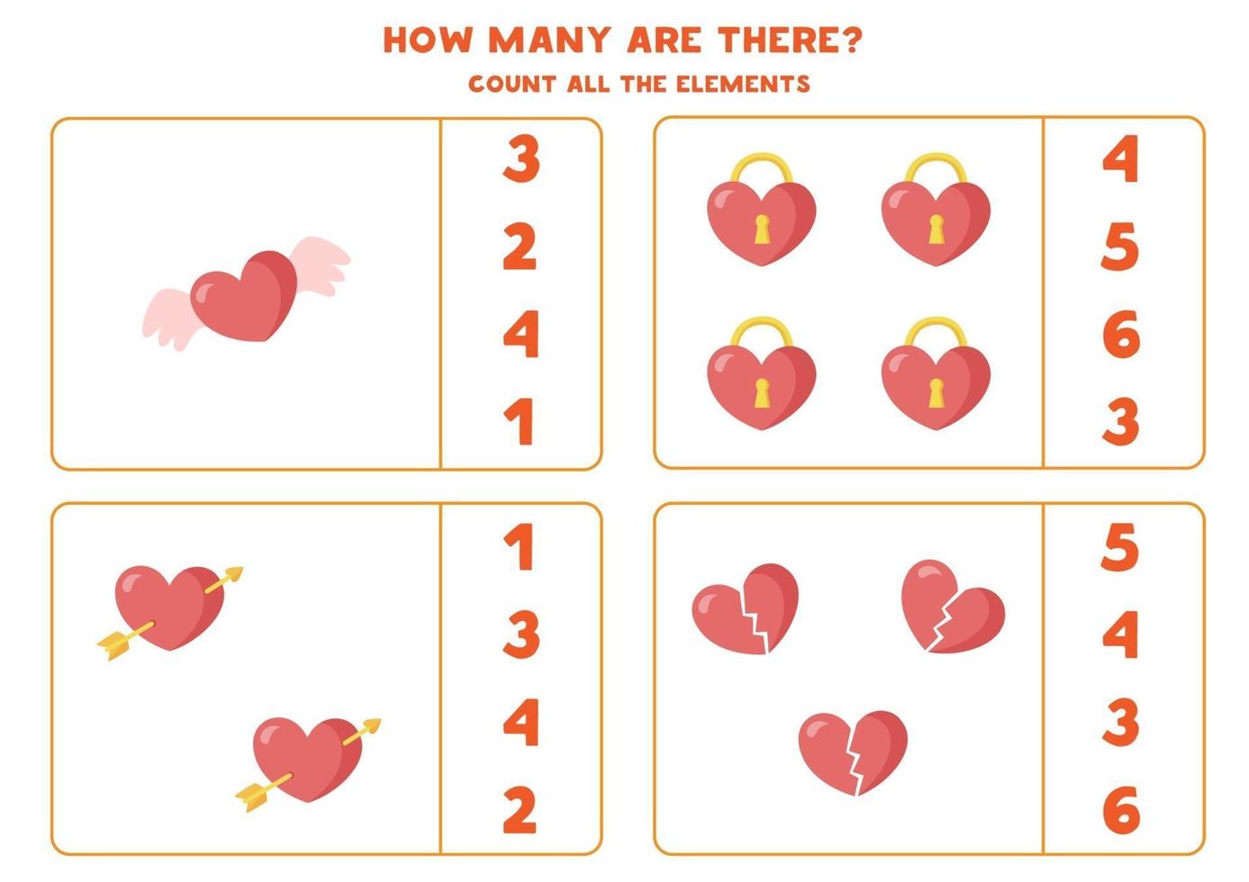 Count all Valentine hearts. Math worksheet for children. vector