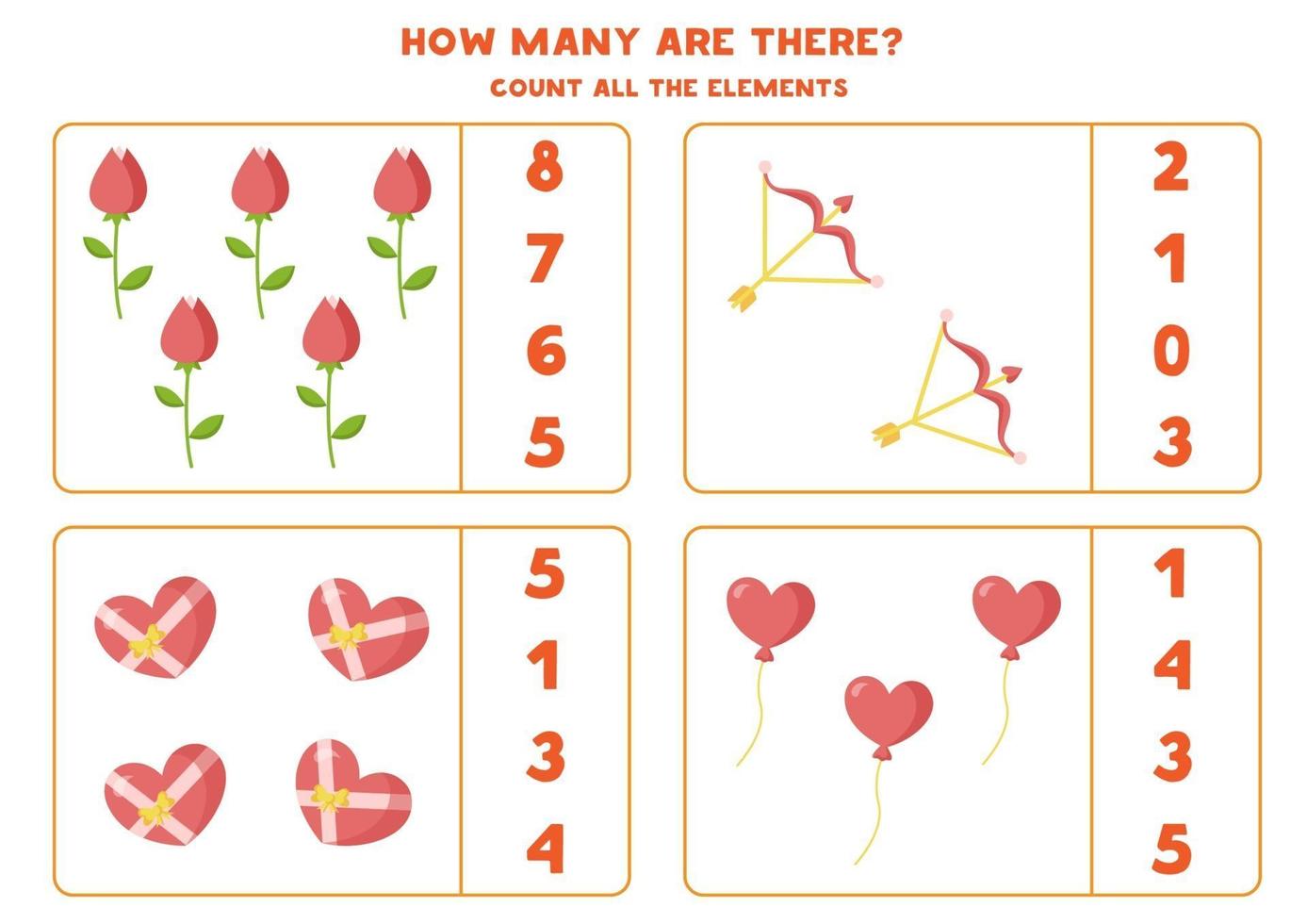 Count all Valentine elements. Math worksheet for children. vector