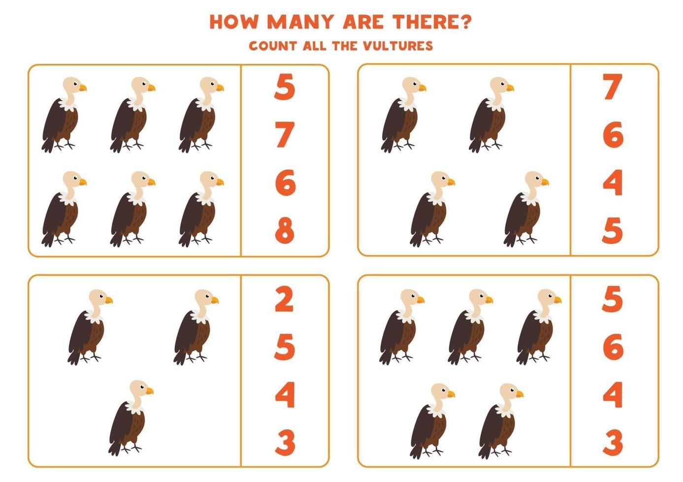 Counting math game with cute cartoon vultures. vector
