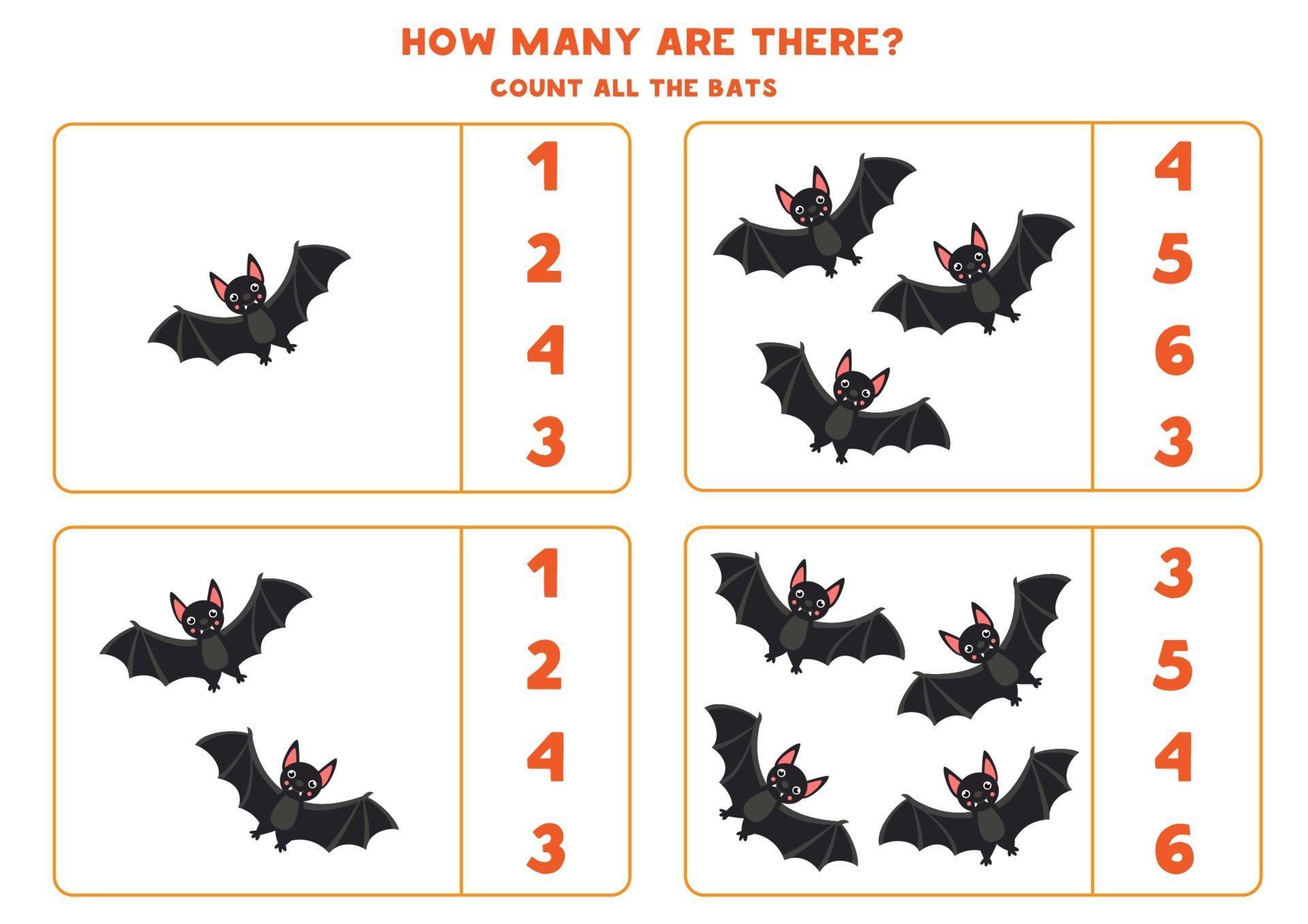 Counting game with black bats. Math worksheet for children. 2170224