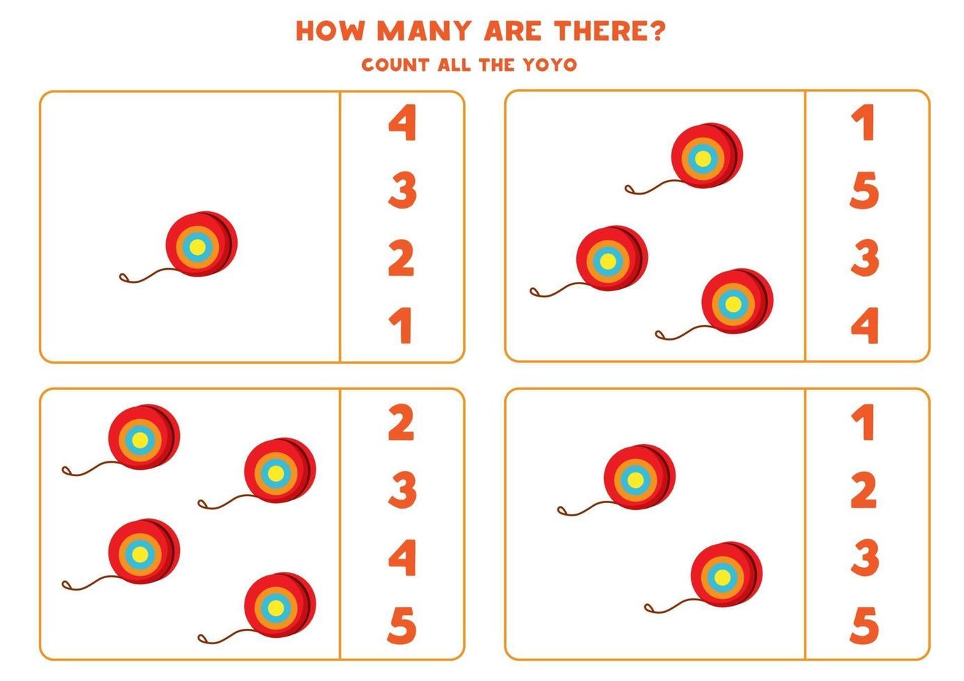 Counting math game with colorful cartoon yoyo. vector