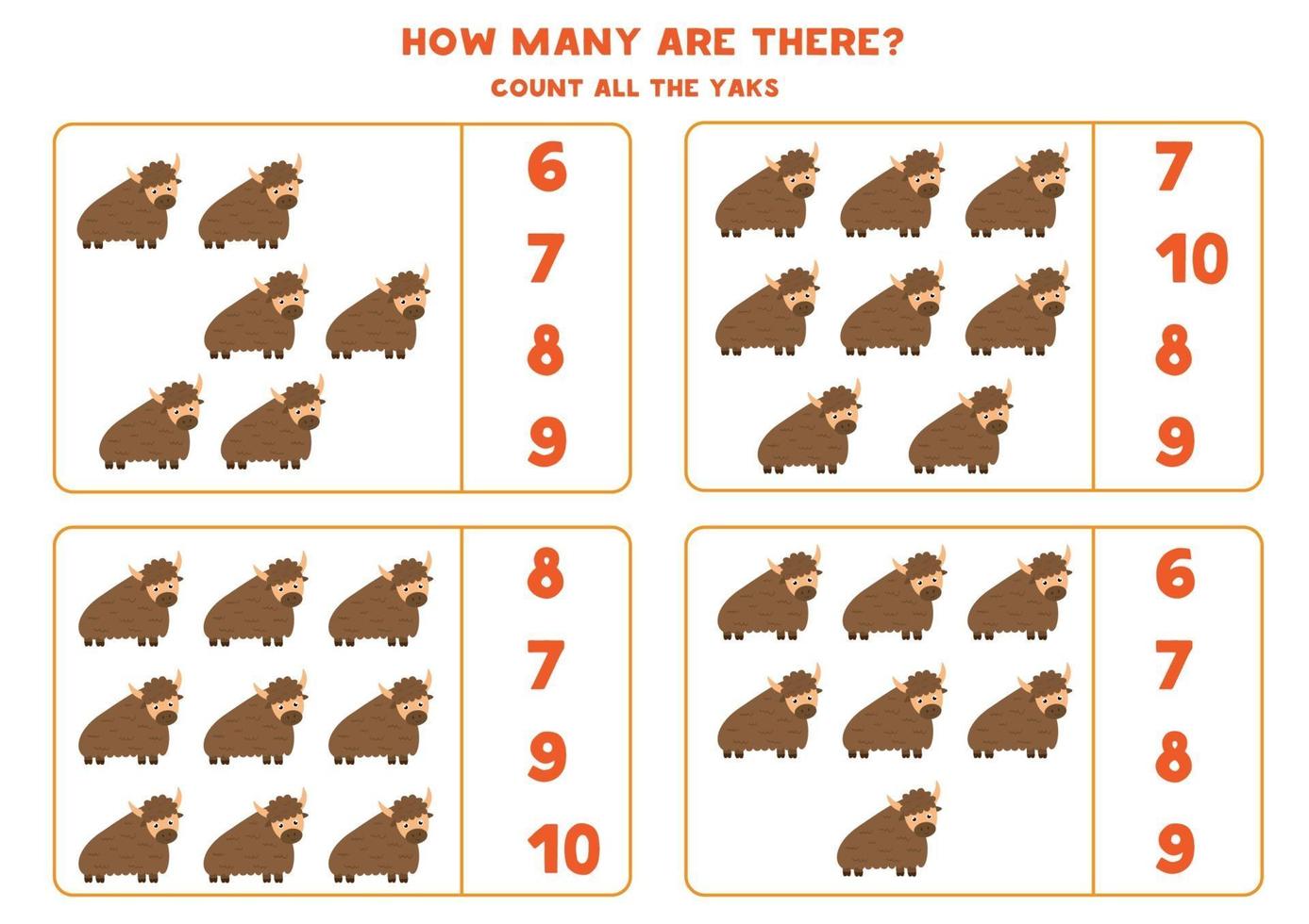 contando juego de matemáticas con yaks de dibujos animados lindo. vector