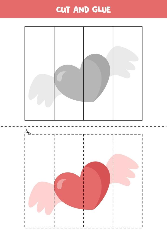 Cut and glue game for kids. Cute cartoon Valentine heart. vector