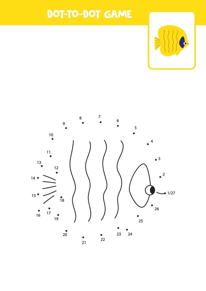 Connect the dots game with cartoon fish. vector