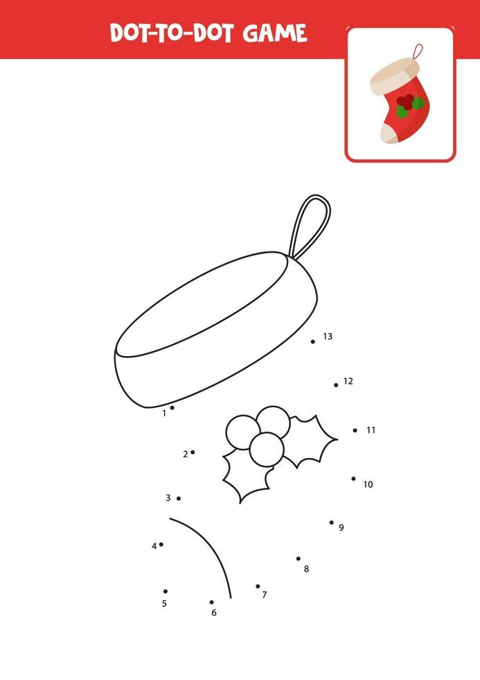 Connect the dots game with cartoon Christmas sock. vector