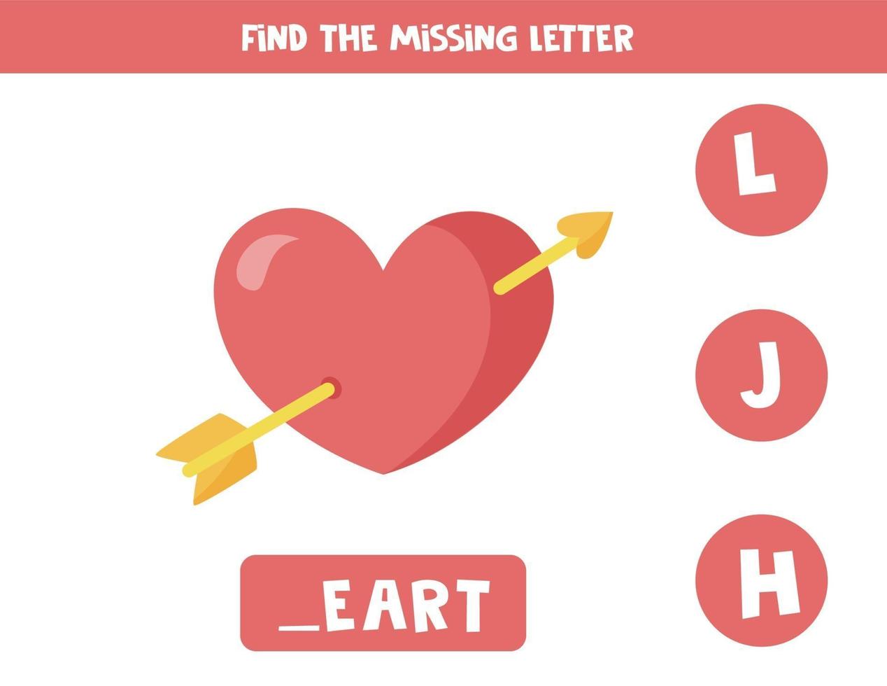 Find missing letter with cute heart. Spelling worksheet. vector