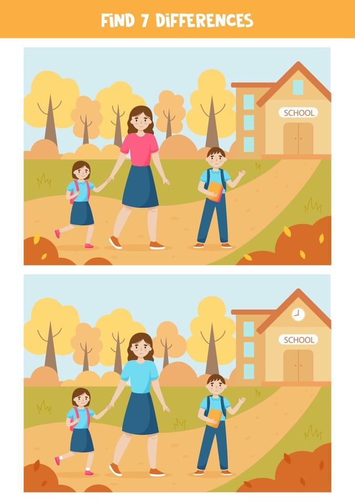 Educational logical game for kids. Find 7 differences. Back to school. vector