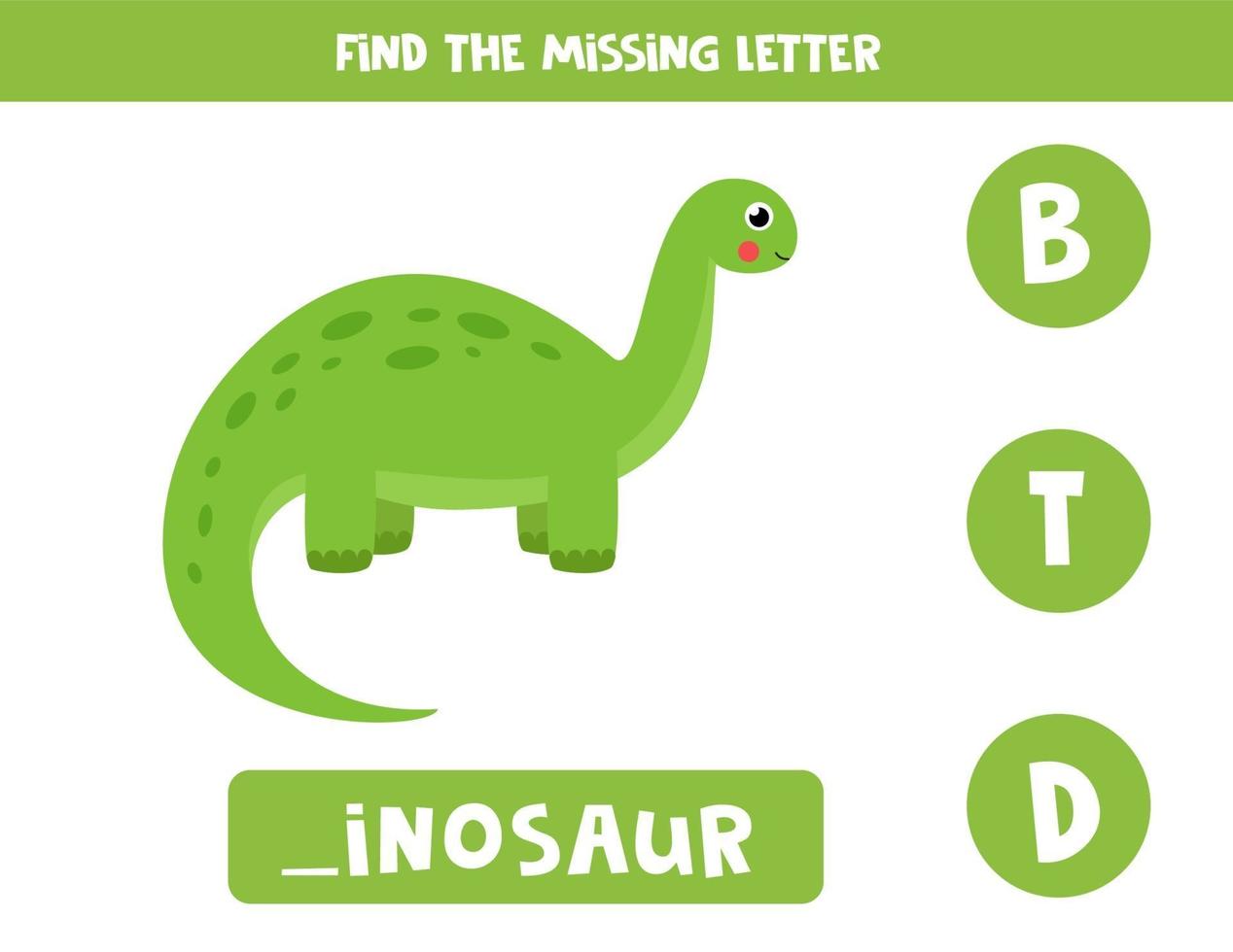 Find missing letter with dinosaur. Spelling worksheet. vector