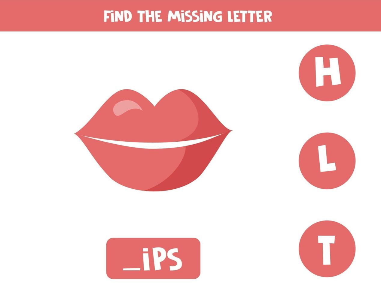 Find missing letter with cartoon lips. Spelling worksheet. vector