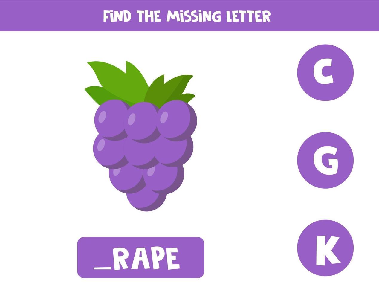 Find missing letter. Cartoon grape. Educational game. vector