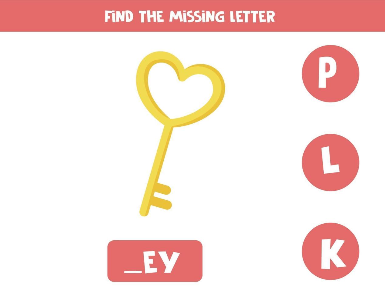 Find missing letter with cartoon key. Spelling worksheet. vector